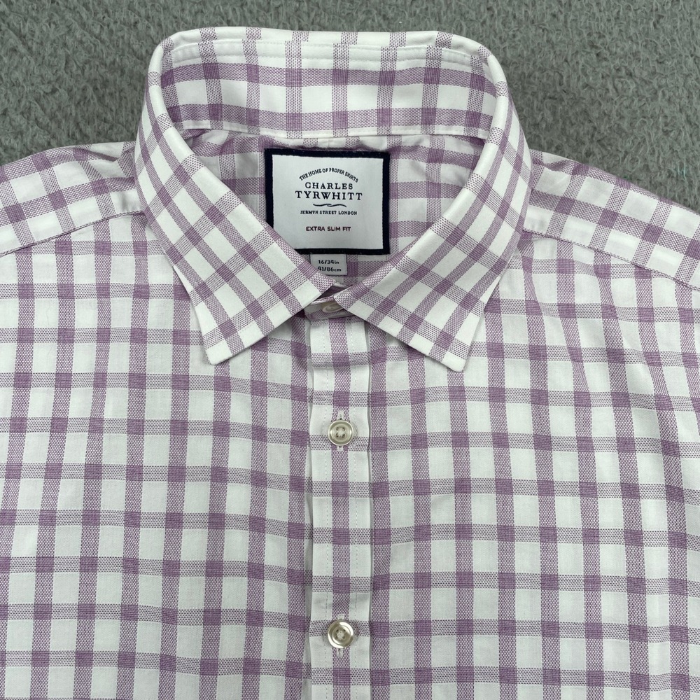 Charles Tyrwhitt Button Down Mens 16/34 Purple Gingham Extra Slim Fit Shirt